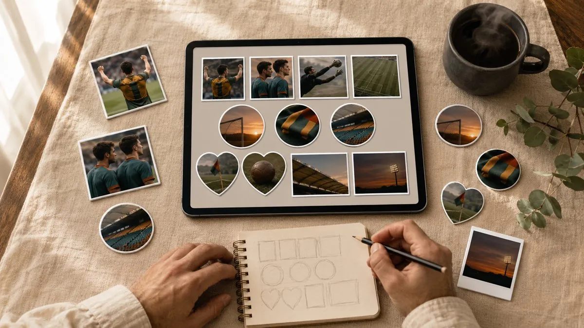 Designing personalised photo magnets on a tablet with layout sketches in a notebook