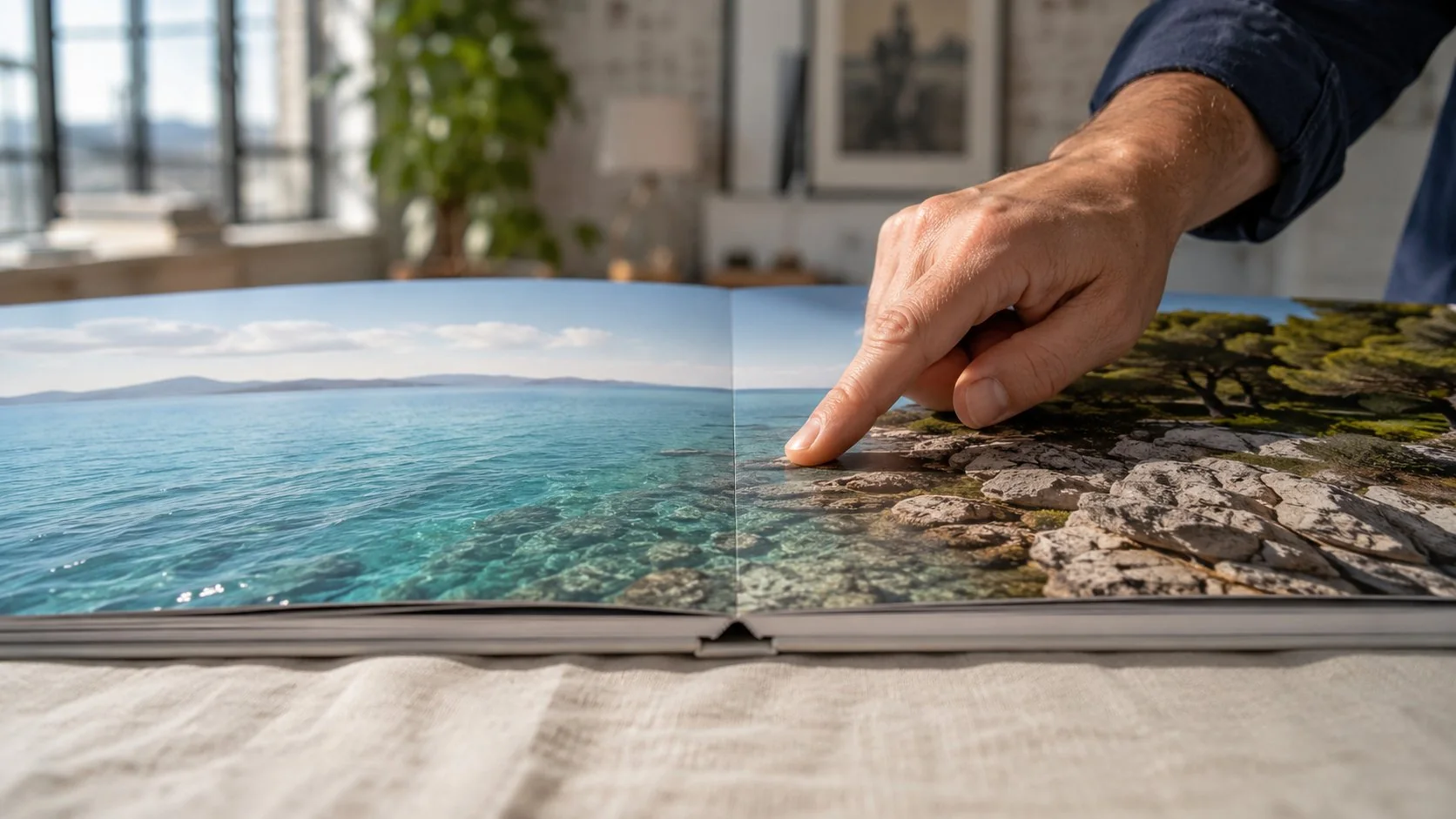 Close-up of a layflat photo book with a coastal seascape running across both pages with no centre gutter