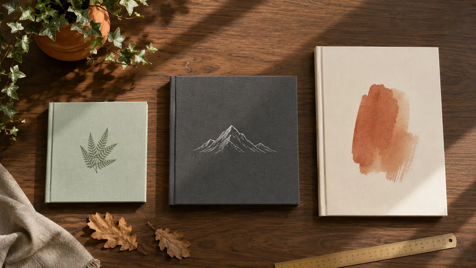 Three layflat photo books in different sizes and fabric covers displayed on a wooden table