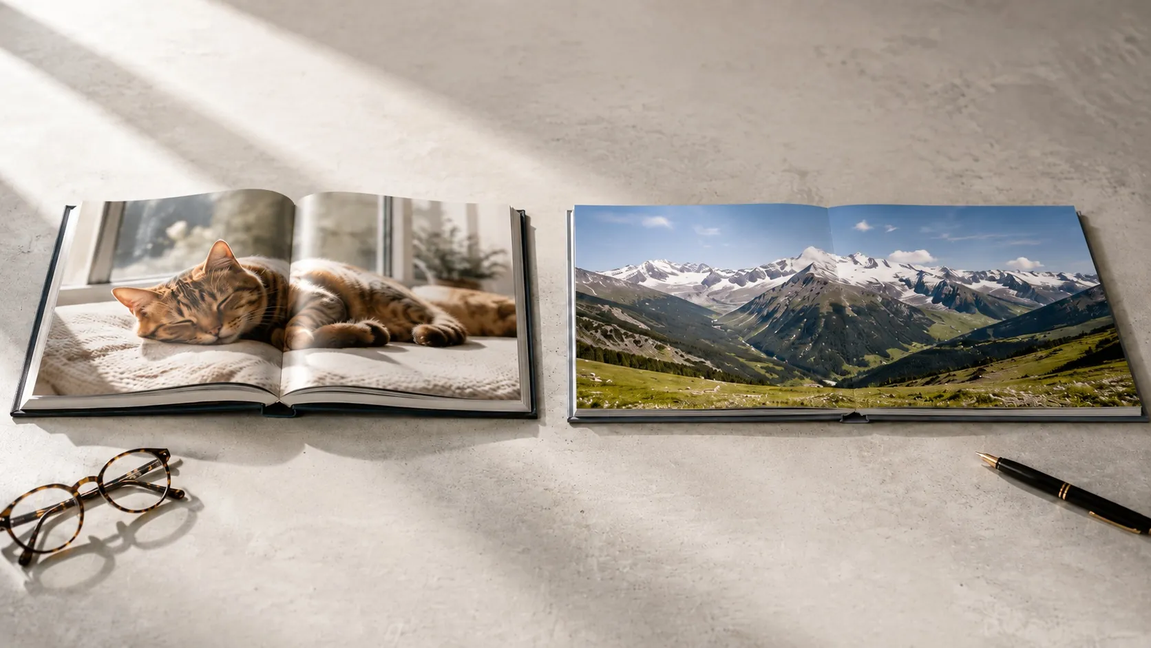 Side-by-side comparison: a standard photo book showing a visible centre fold versus a layflat photo book with a seamless mountain panorama spread