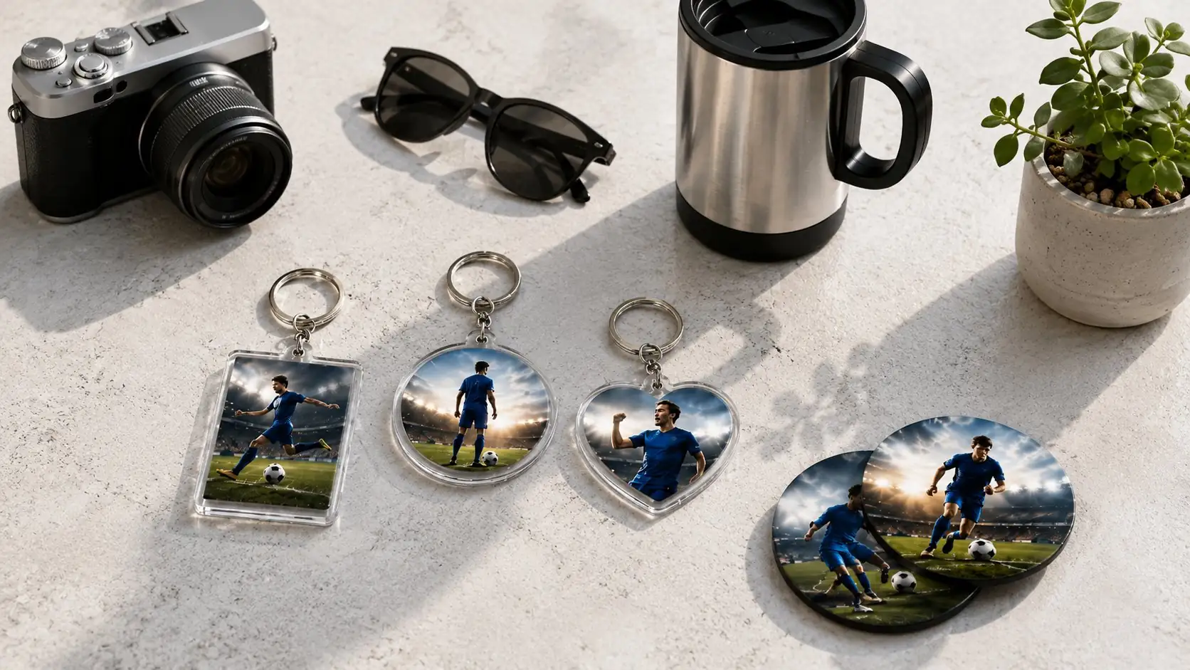 Personalised photo keyrings in different shapes alongside camera, sunglasses and travel mug on a light table