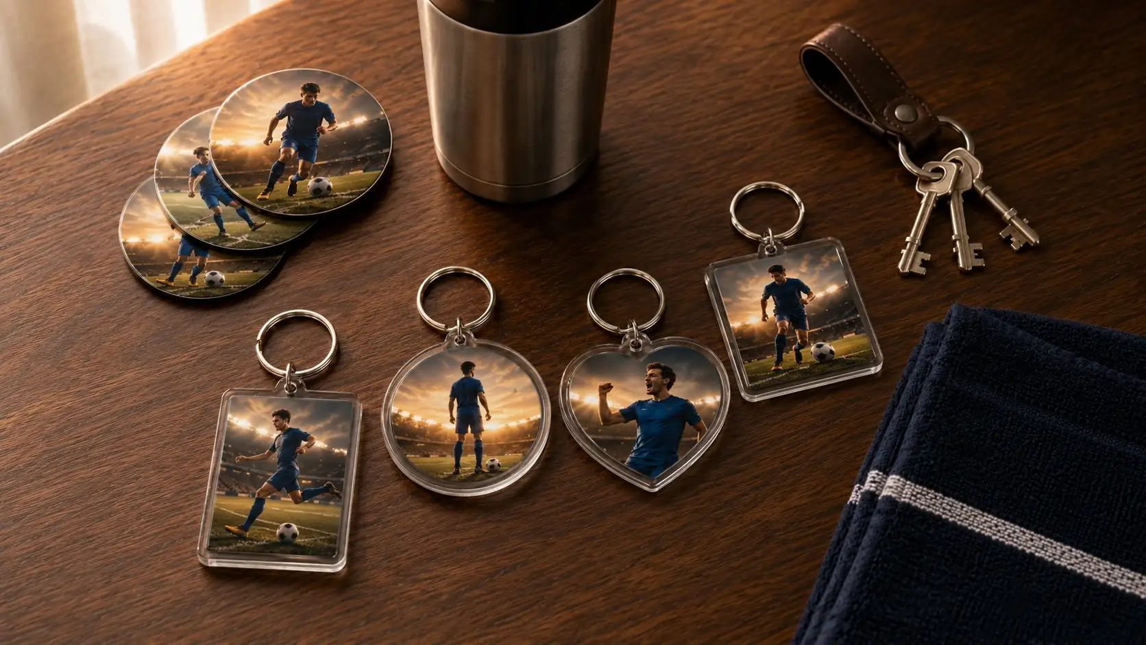 Set of four personalised photo keyrings on a wooden desk with keys, travel mug and sports towel
