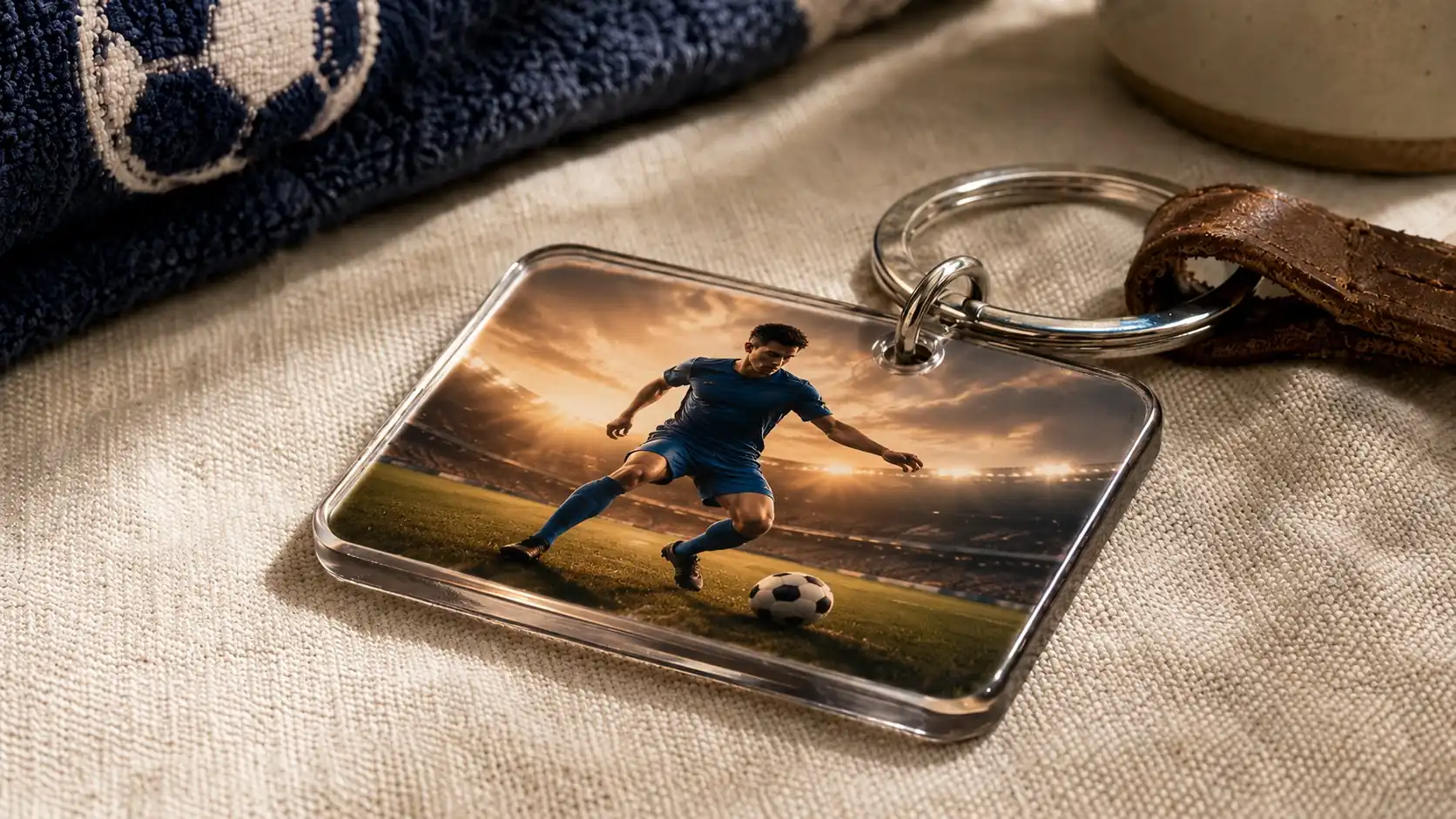 Close-up of a rectangular acrylic photo keyring showing a football player at sunset in the stadium