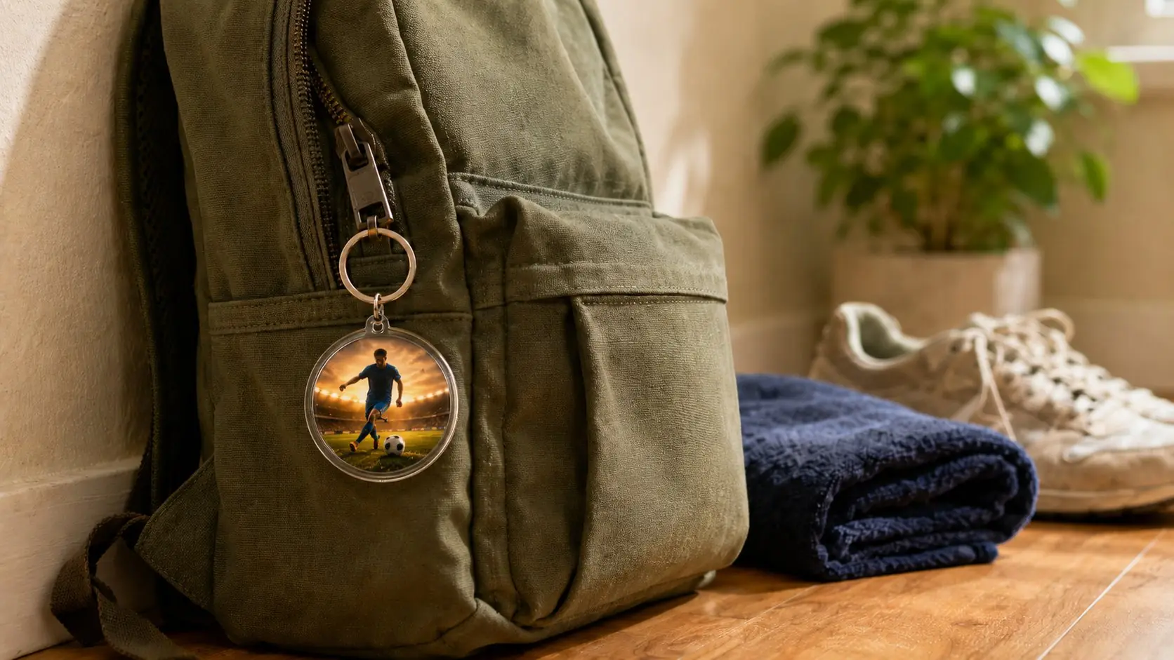Round photo keyring attached to the zipper of a backpack ready for everyday use