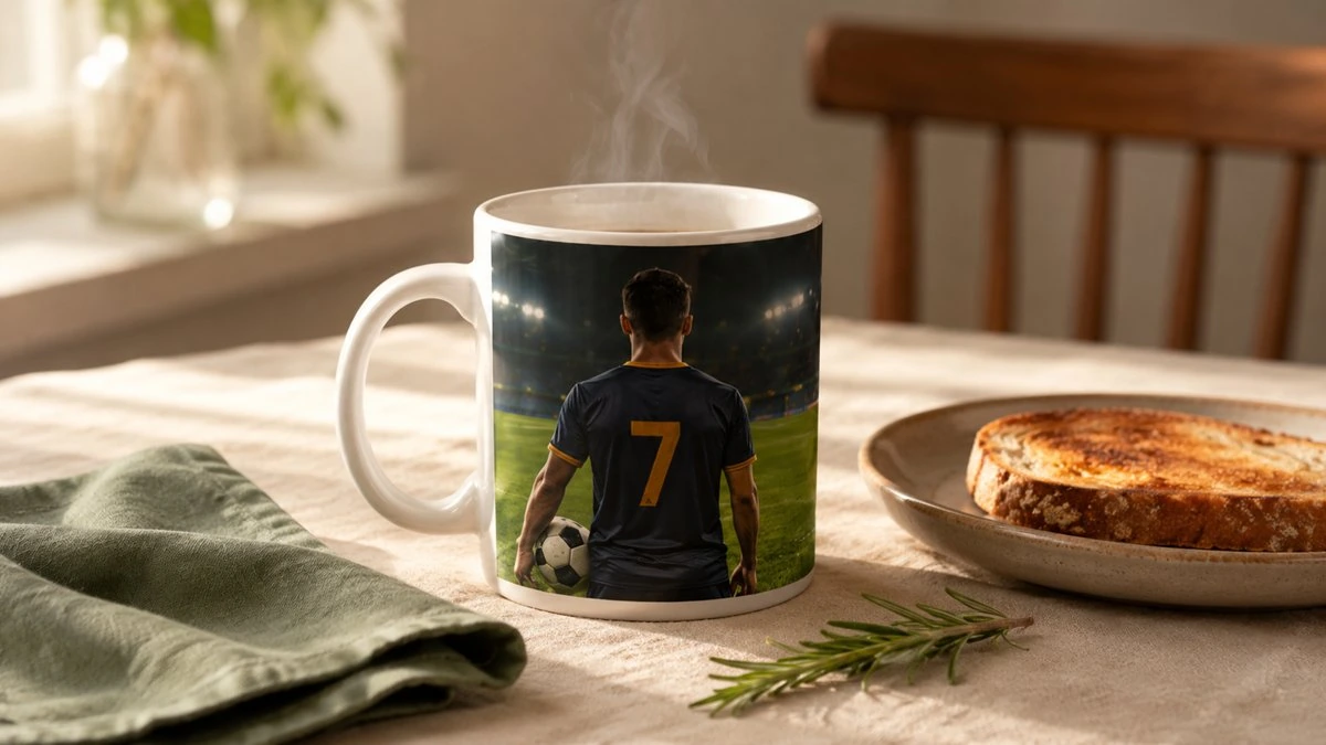 Personalised photo mug with stadium image on the breakfast table as a Championship Summer keepsake