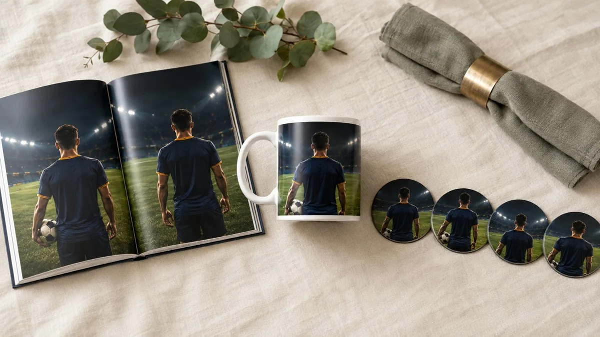 Photo mug paired with a photo book and photo magnets as a coordinated Championship Summer keepsake set