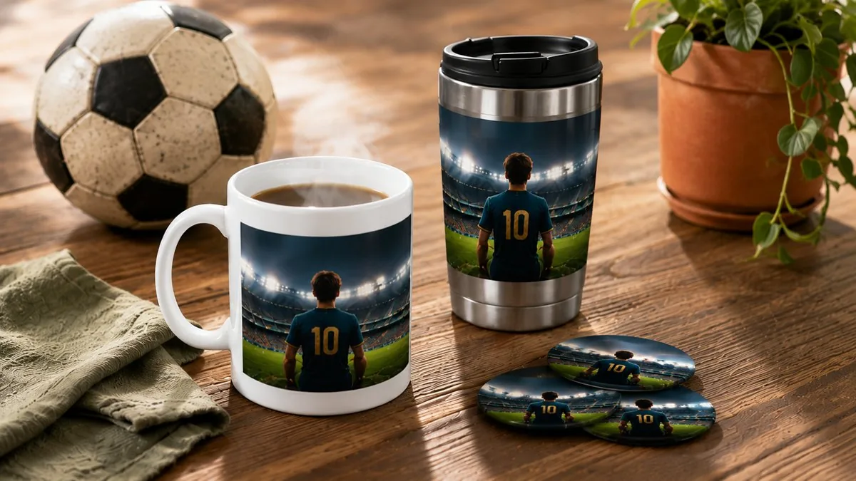 Personalised photo mug, travel mug, and photo magnets with stadium image as a Championship Summer fan set