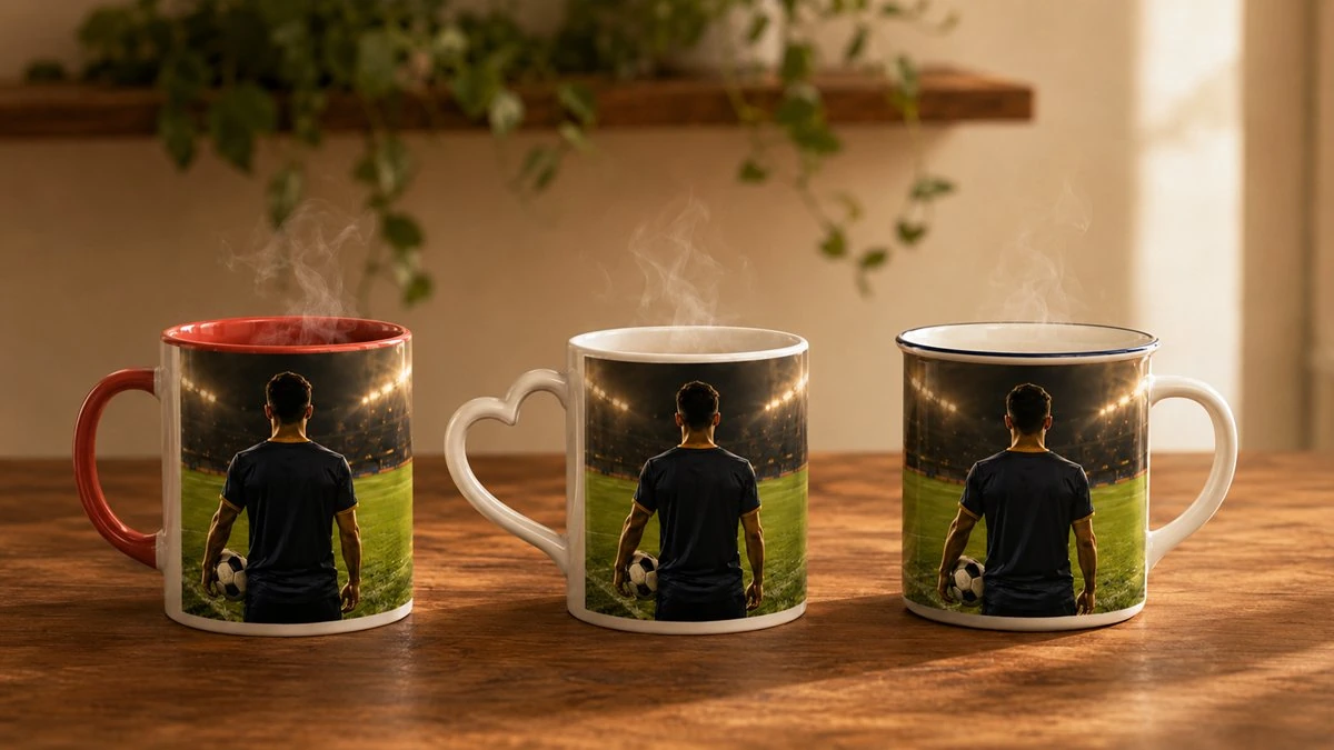 Three personalised photo mug styles compared: classic ceramic, magic mug, and enamel mug