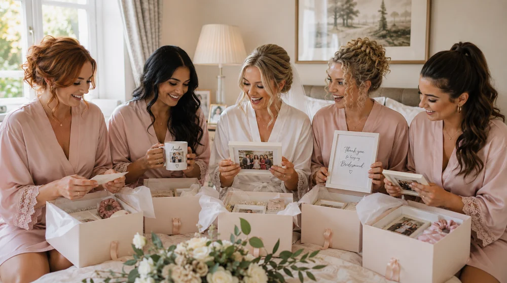 Bridesmaids in matching robes opening personalised gift boxes together on the wedding morning