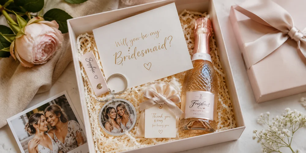 A bridesmaid proposal box with a will-you-be-my-bridesmaid card, photo keyring and mini bottle of prosecco