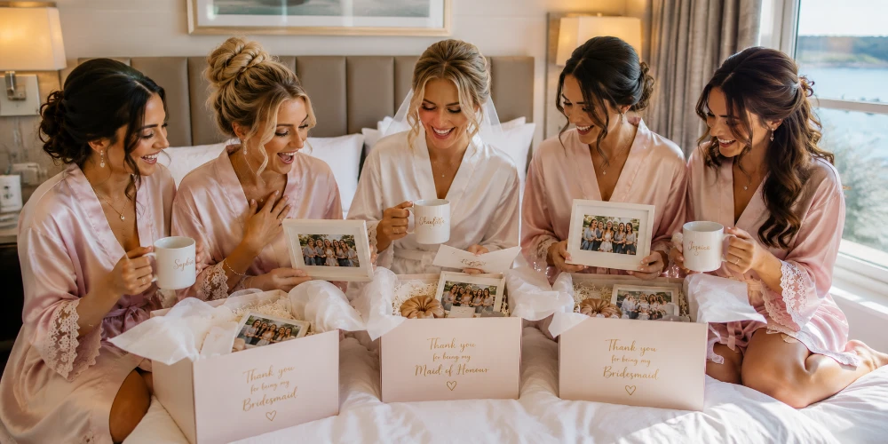 Bridesmaids in robes opening wedding-morning thank-you boxes with photo mugs and framed pictures