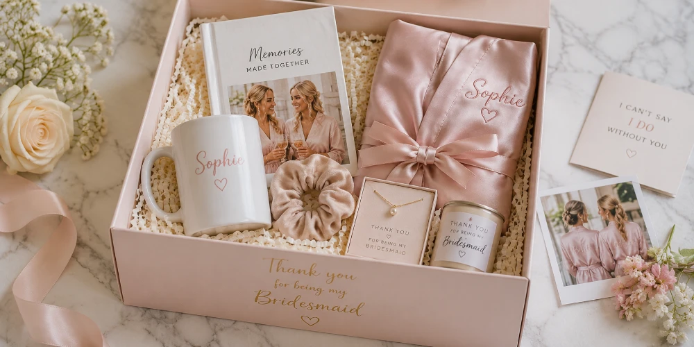 A personalised bridesmaid gift box with a photo book, photo mug, satin robe and necklace