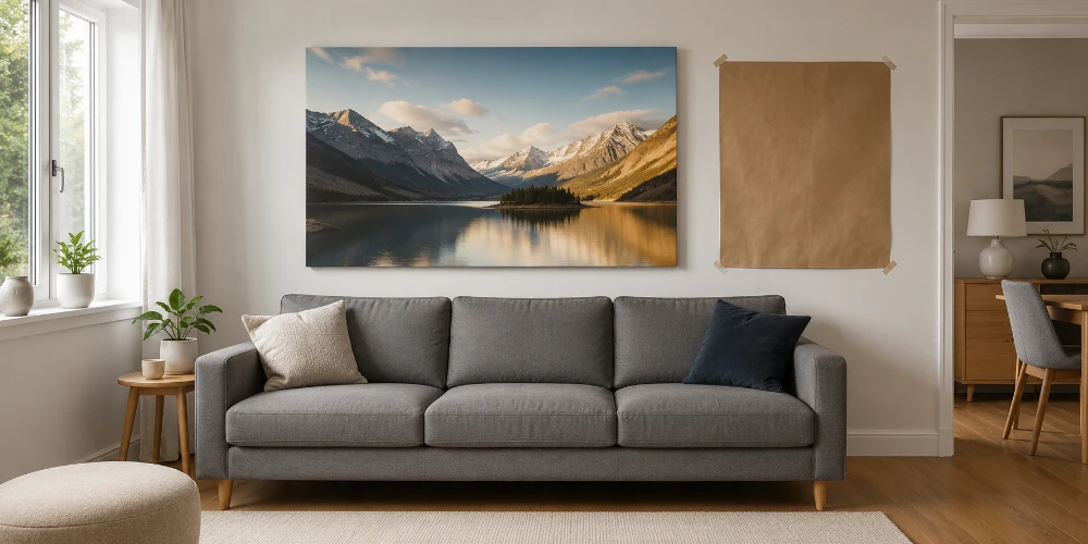 Panoramic mountain lake canvas above a grey sofa next to a paper size template on the wall
