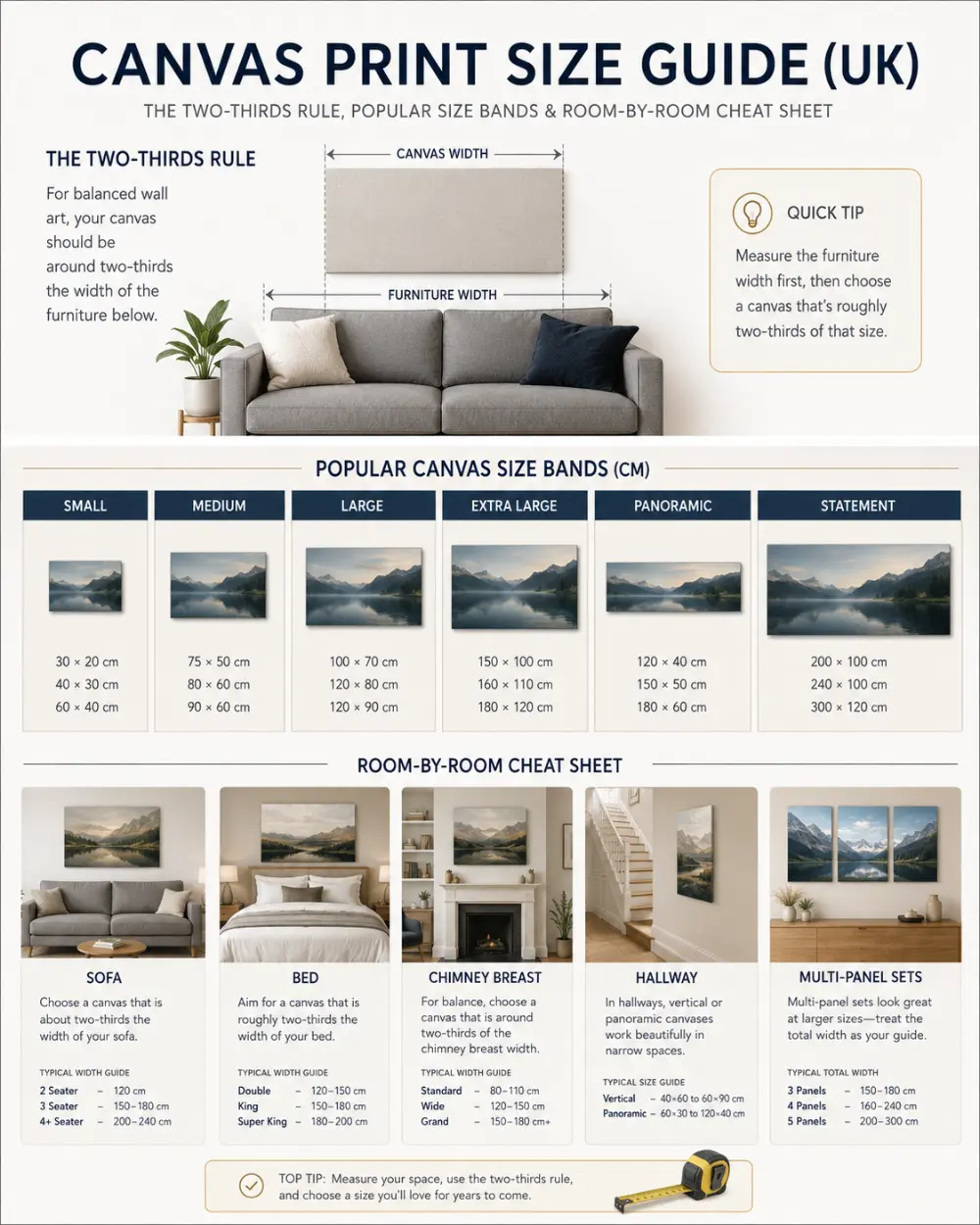 Canvas Print Size Guide UK infographic — the two-thirds rule, size bands and a room-by-room cheat sheet