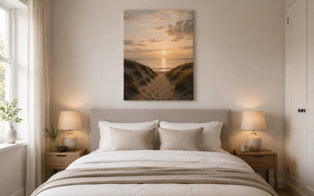 Portrait beach sunset canvas hung above a double bed between two bedside lamps