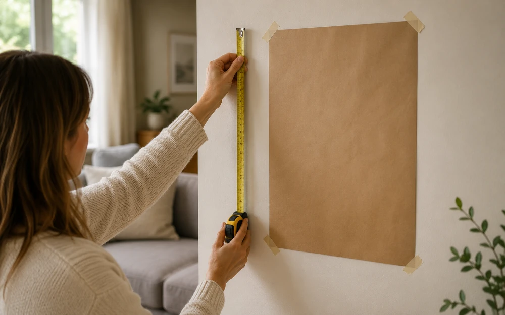 Woman measuring a paper template taped to the wall to test a canvas size before buying