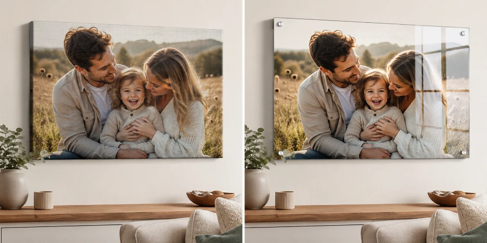 Family photo printed on textured canvas beside the same photo on glossy acrylic glass, hung side by side above a wooden sideboard