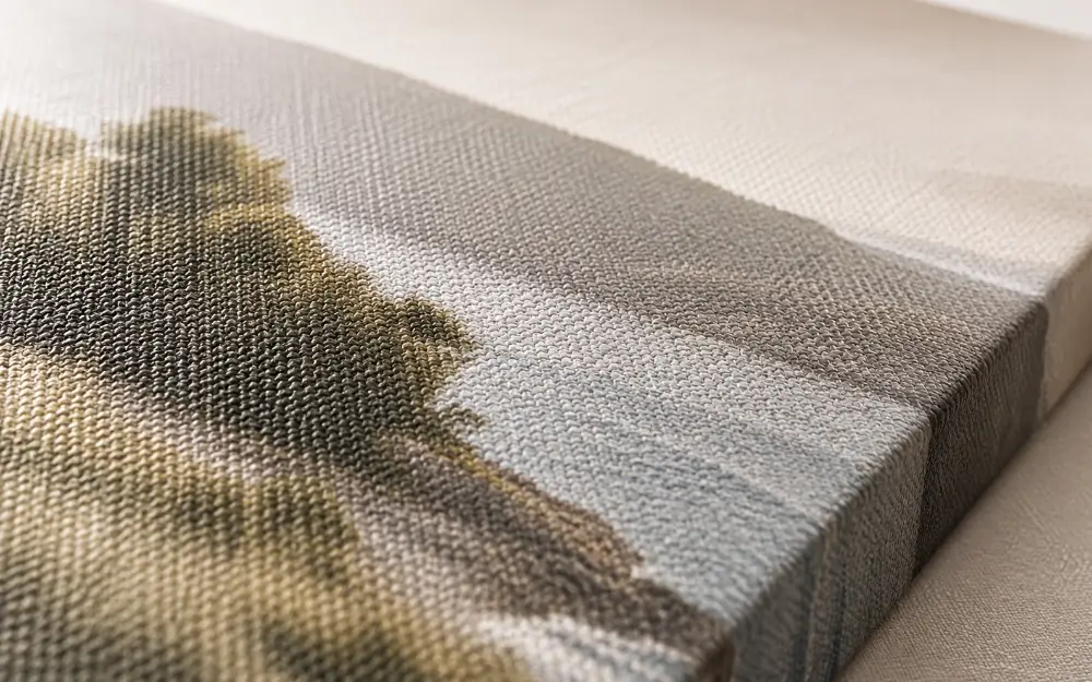 Close-up of a gallery-wrapped canvas print corner showing the woven fabric texture and matte finish