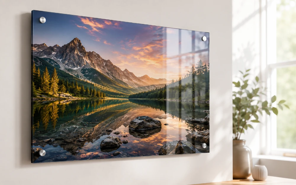 Frameless acrylic print of a mountain lake at sunset appearing to float on a bright wall with hidden fixings