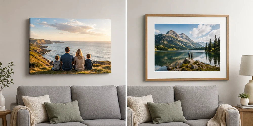 Canvas print of a family on a coastal clifftop beside a framed mountain lake print, each hung above a grey sofa