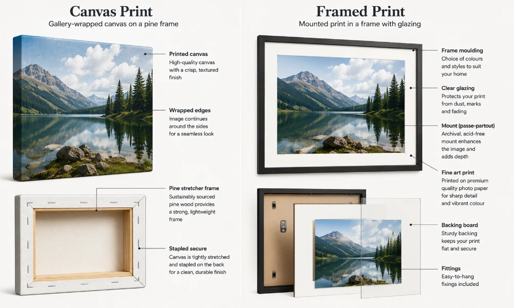 Infographic comparing how canvas prints and framed prints are made — gallery-wrapped canvas on a pine stretcher frame versus a mounted print behind glazing with moulding and backing board