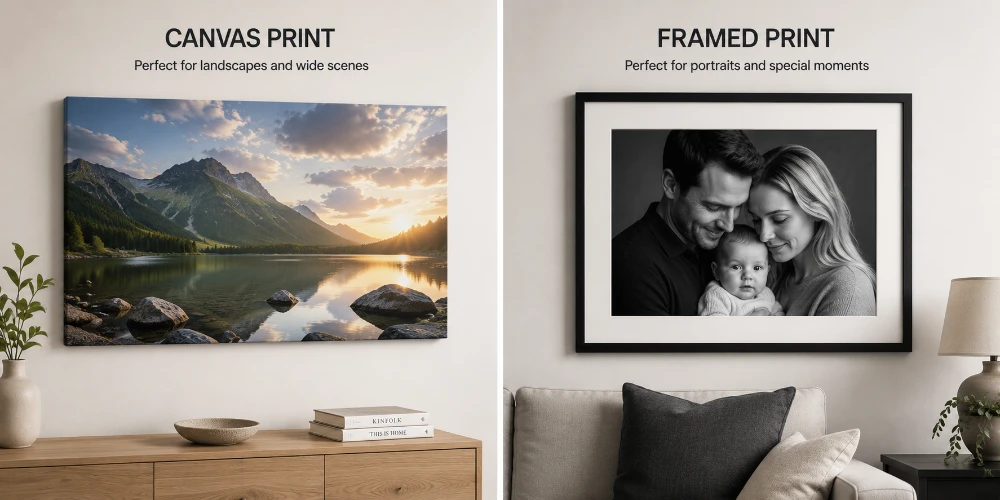 Canvas print of a mountain lake landscape above a wooden sideboard next to a framed black-and-white family portrait above a sofa — canvas suits landscapes, frames suit portraits