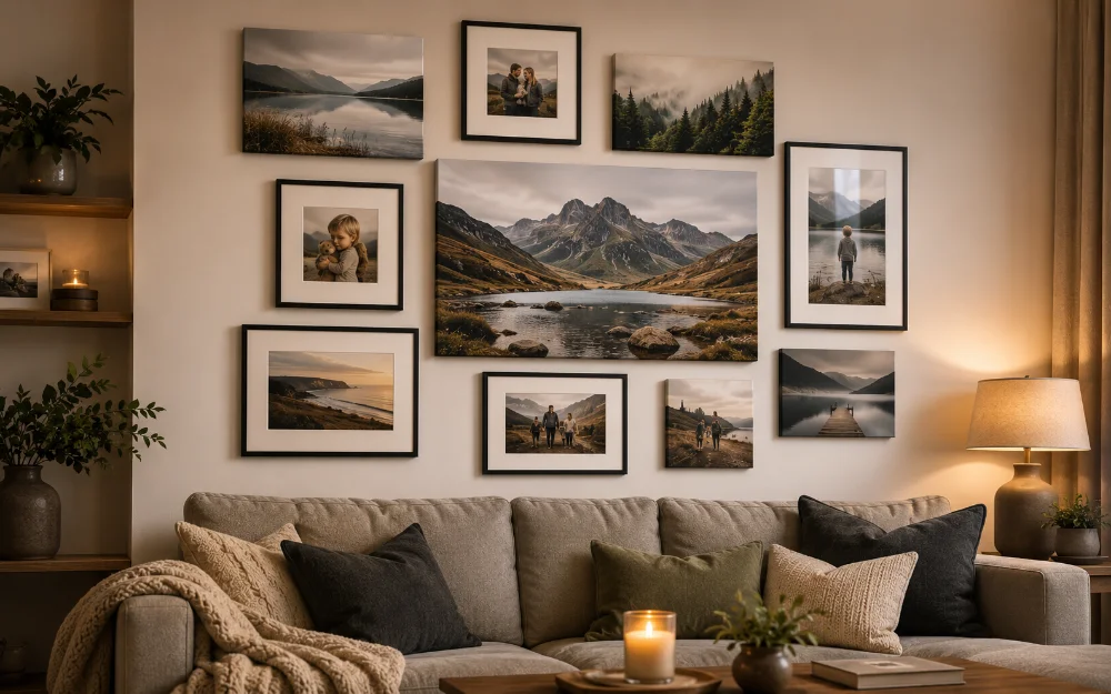 Gallery wall mixing canvas prints and framed prints of landscapes and family photos above a sofa in a warm living room