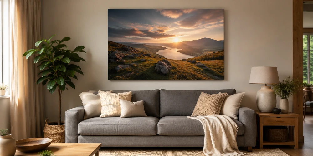 A vibrant gallery-wrapped landscape canvas print hanging on a bright living-room wall