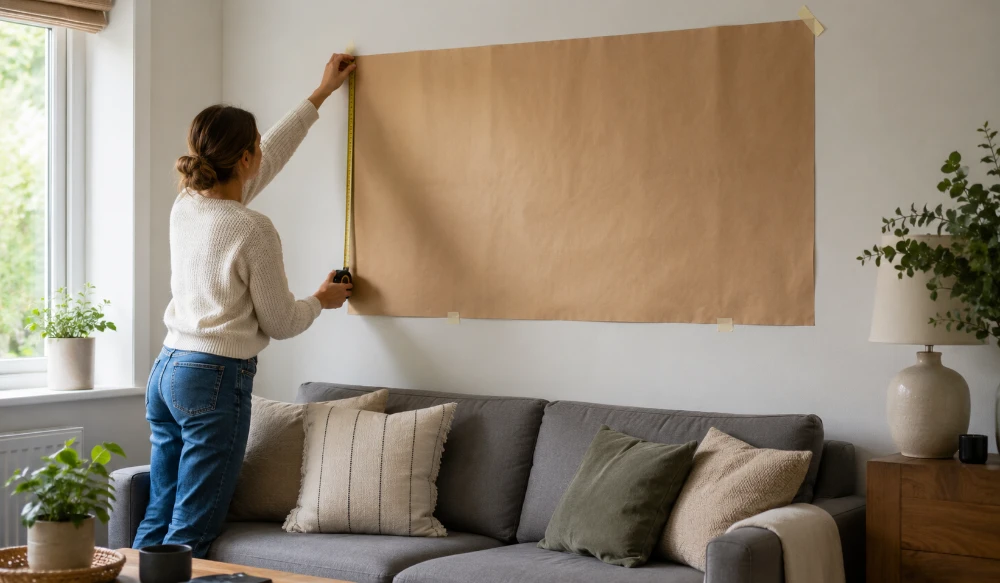A large landscape canvas filling two-thirds of the wall above a three-seater sofa