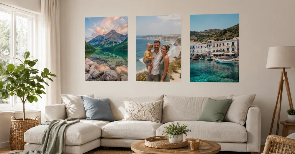 Three photo posters — a mountain lake, a family on a clifftop and a Mediterranean harbour — hung in a neat row above a cream sofa in a bright living room