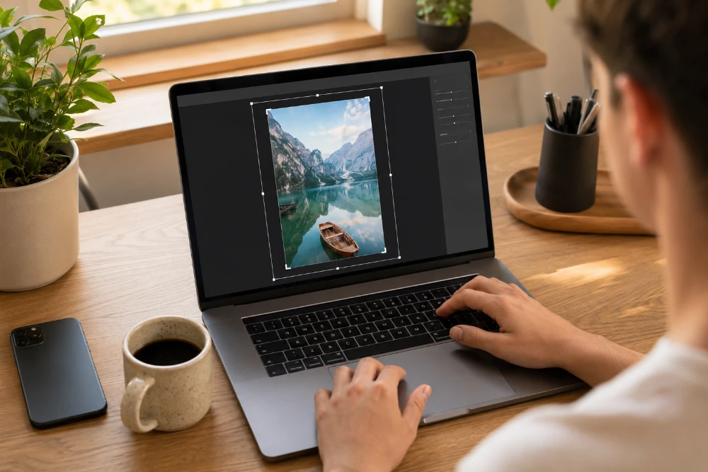 A person at a laptop cropping a photo of a mountain lake in an online editor, previewing the crop before ordering a poster