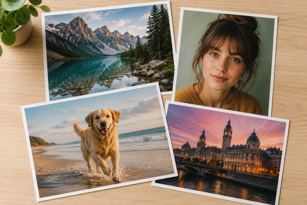 Four photo prints fanned on a wooden table — a mountain lake, a golden retriever running on a beach, a woman's portrait and a floodlit city skyline at dusk