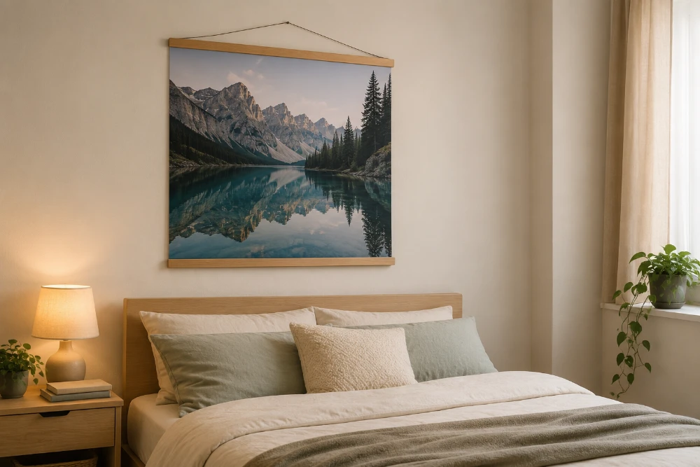 A framed mountain-lake photo poster on a wooden hanger above a bed in a calm, neutral bedroom lit by a bedside lamp
