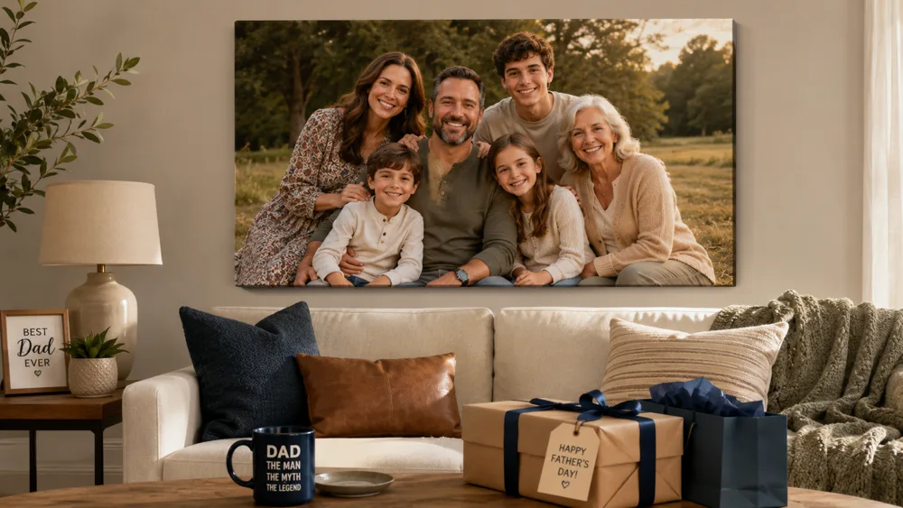Fathers Day canvas print of a multi-generation family above a living room sofa with Fathers Day gifts and a Dad mug