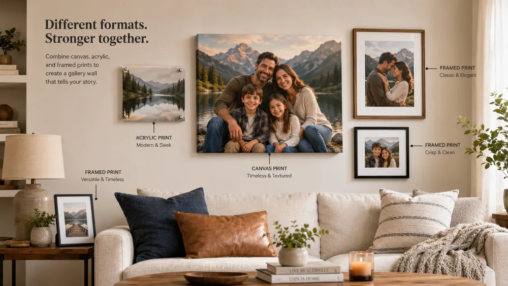Fathers Day canvas print ideas including family portrait, father and child beach walk, vintage restored photo, mountain landscape and childs artwork