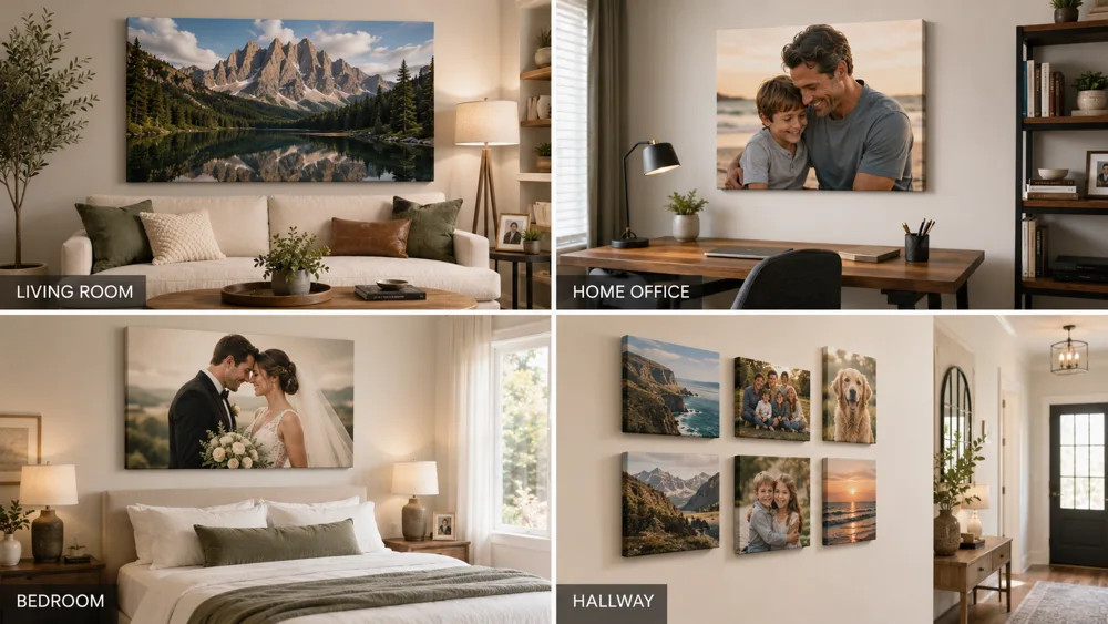 Canvas placement guide showing canvas prints in a living room, home office, bedroom and hallway