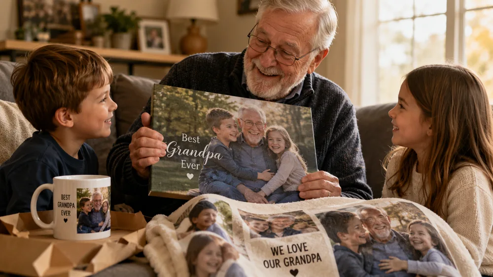 Grandad on the sofa with grandchildren holding a Best Grandpa Ever canvas print, with a photo mug and photo blanket