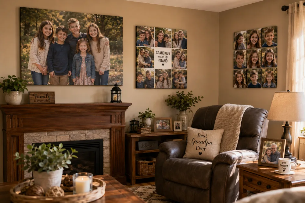 Living room wall art of the grandchildren - large canvas above the fireplace with photo collage and grid canvas displays