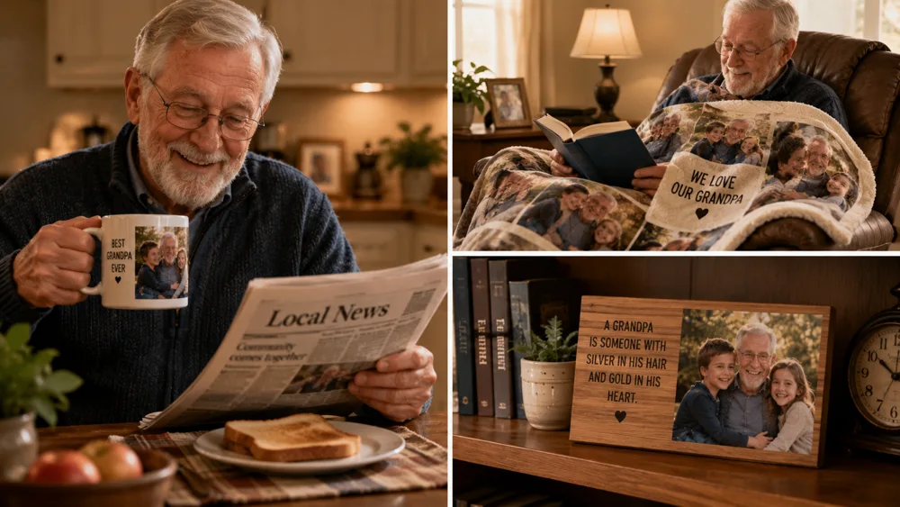 Everyday personalised grandad gifts - photo mug at breakfast, photo blanket on his reading chair and wooden desktop photo plaque