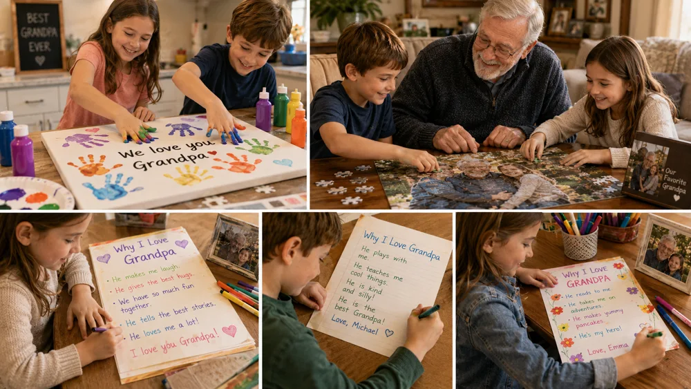 Grandchildren making Fathers Day gifts - handprint canvas painting, jigsaw puzzle with grandad and Why I Love Grandpa lists