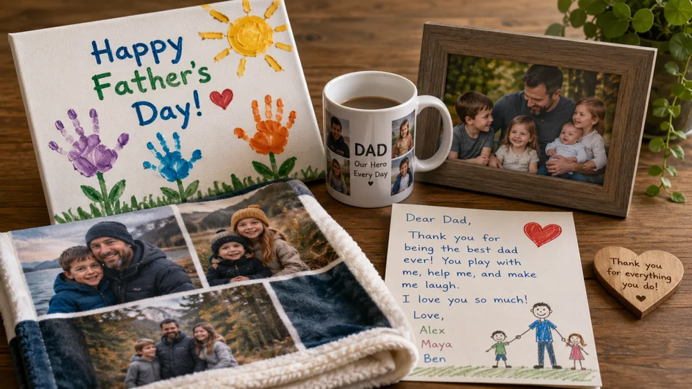 Fathers Day gifts from daughter and son - handprint canvas, photo mug, photo blanket, framed family photo and a childs letter on a wooden table