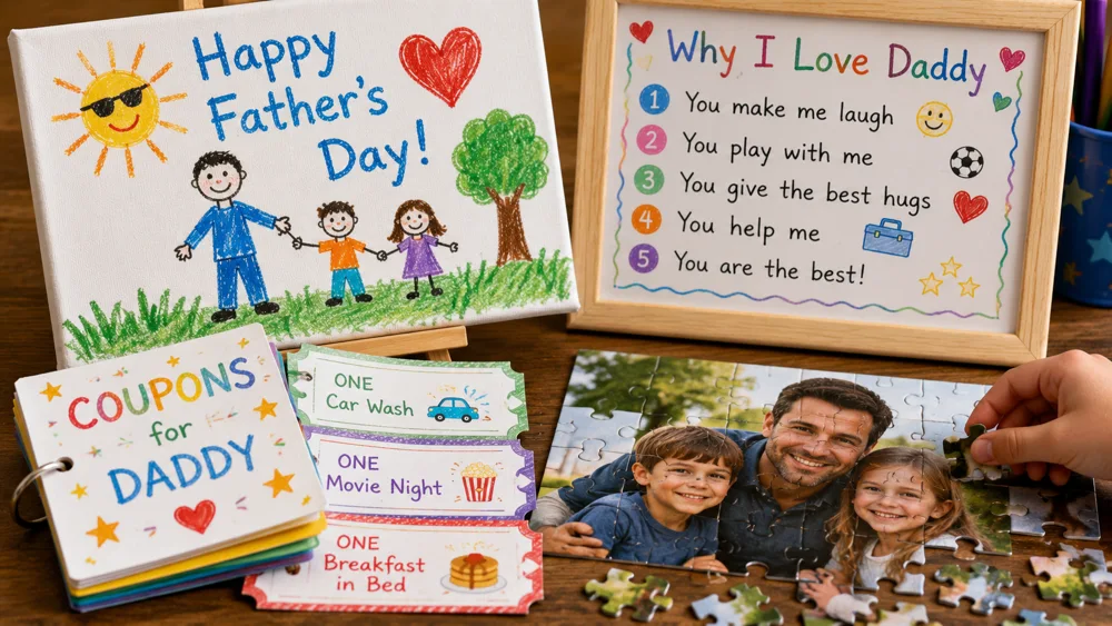 Fathers Day gifts made by children - drawing on canvas, Why I Love Daddy list, coupon book and photo jigsaw puzzle