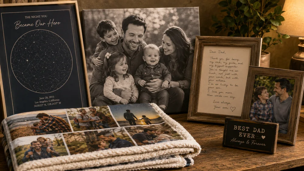 Sentimental Fathers Day gifts from adult daughters - star map print, black and white family canvas, handwritten letter and photo blanket