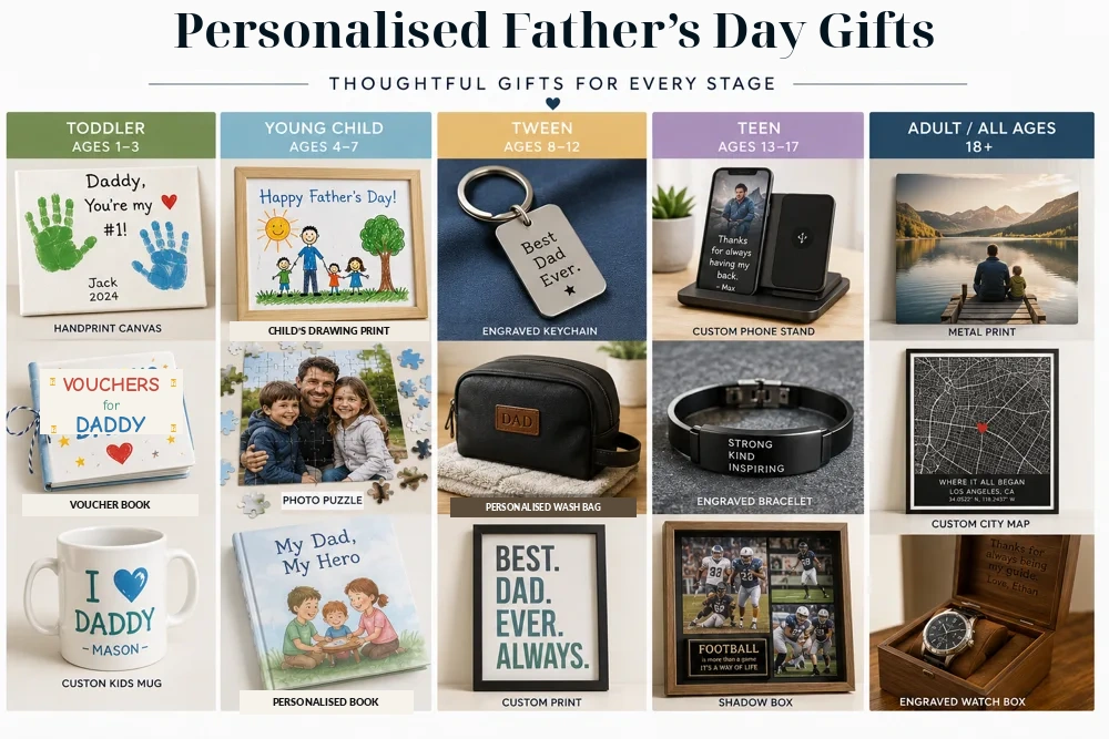 Father's Day gift ideas by age and budget — overview table with photo gift suggestions