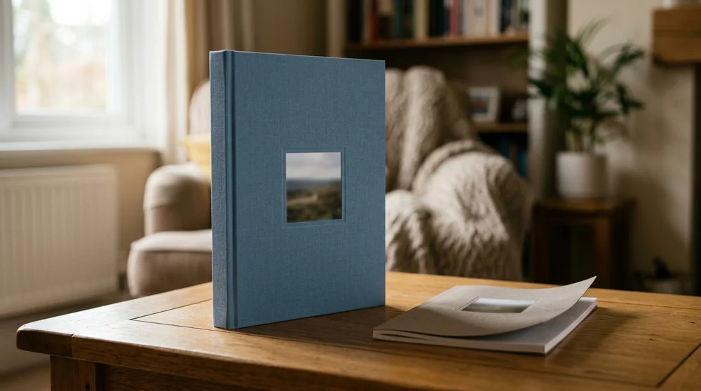 A hardcover and a softcover photo book stacked together to compare their covers