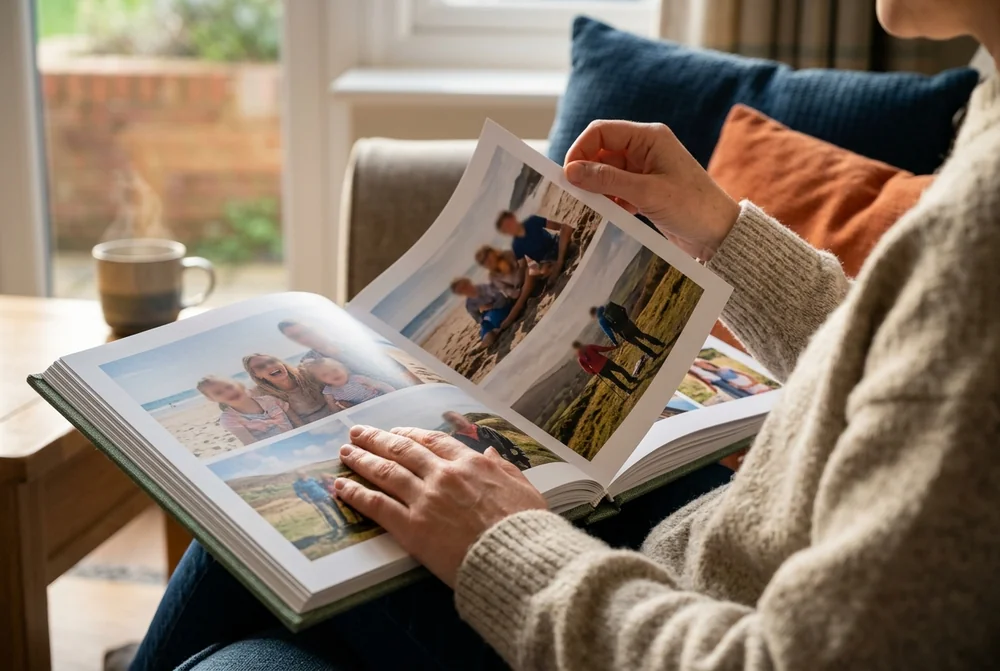 A hardcover photo book standing upright on a shelf beside a flexible softcover copy