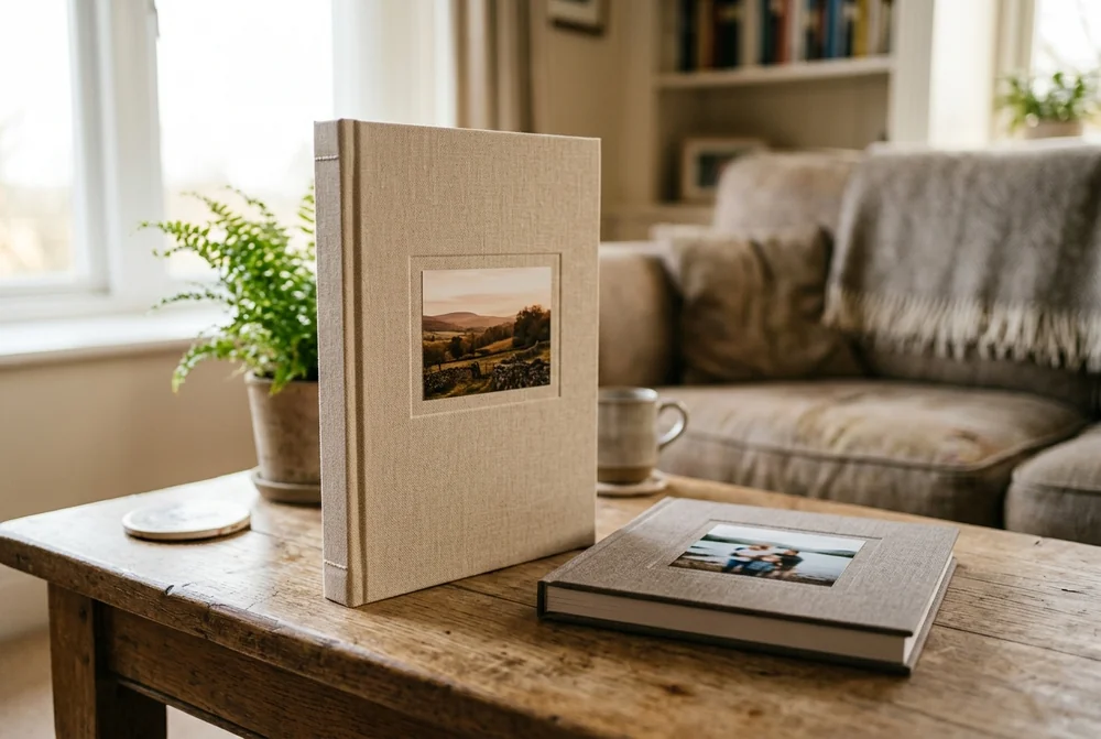 A rigid hardcover photo book open on a table, its square spine holding shape