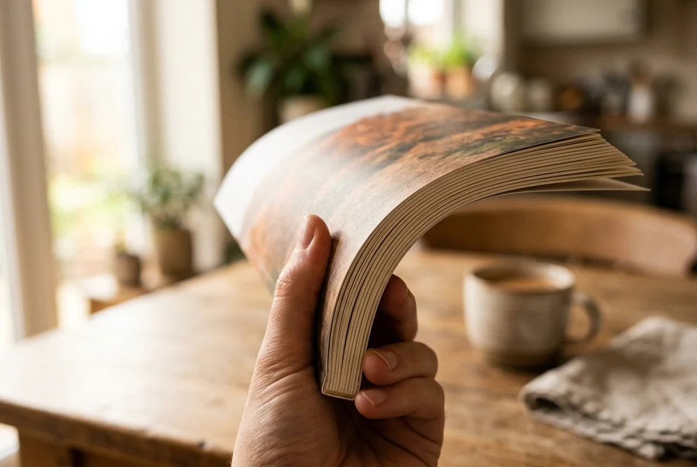A lightweight softcover photo book being packed flat into hand luggage