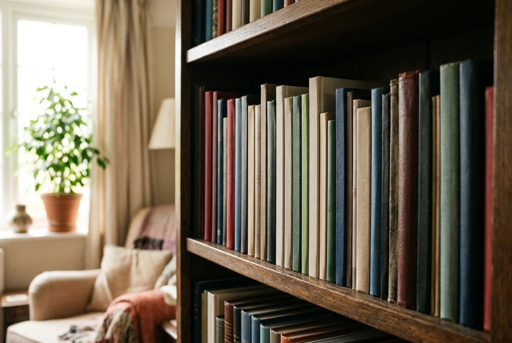 Photo books stored upright on a shelf away from a sunlit window