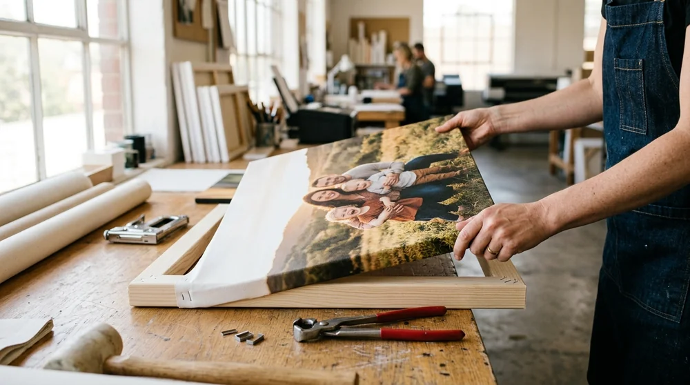 A maker stretching a printed family photo canvas over a pine frame on a workshop bench